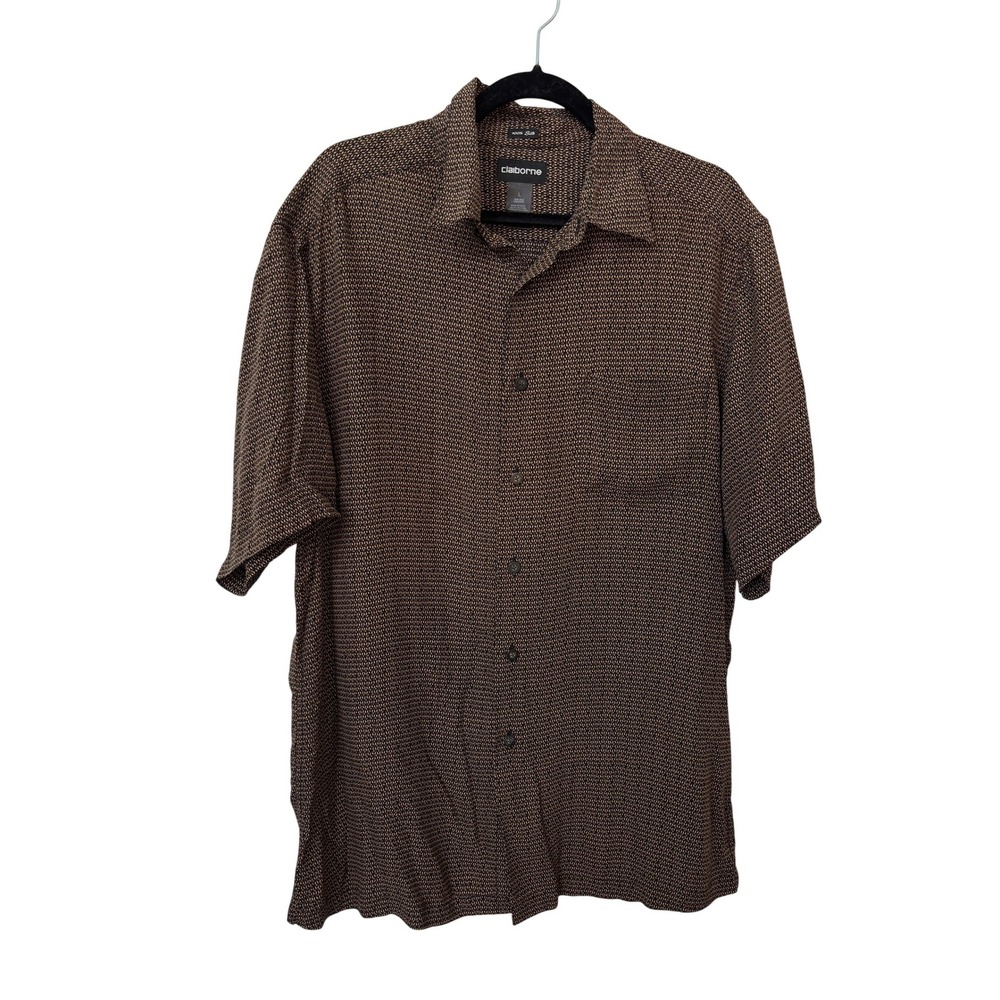 Y2K Claiborne Mens Brown Silk Short Sleeve Geometric Button Down Shirt Large